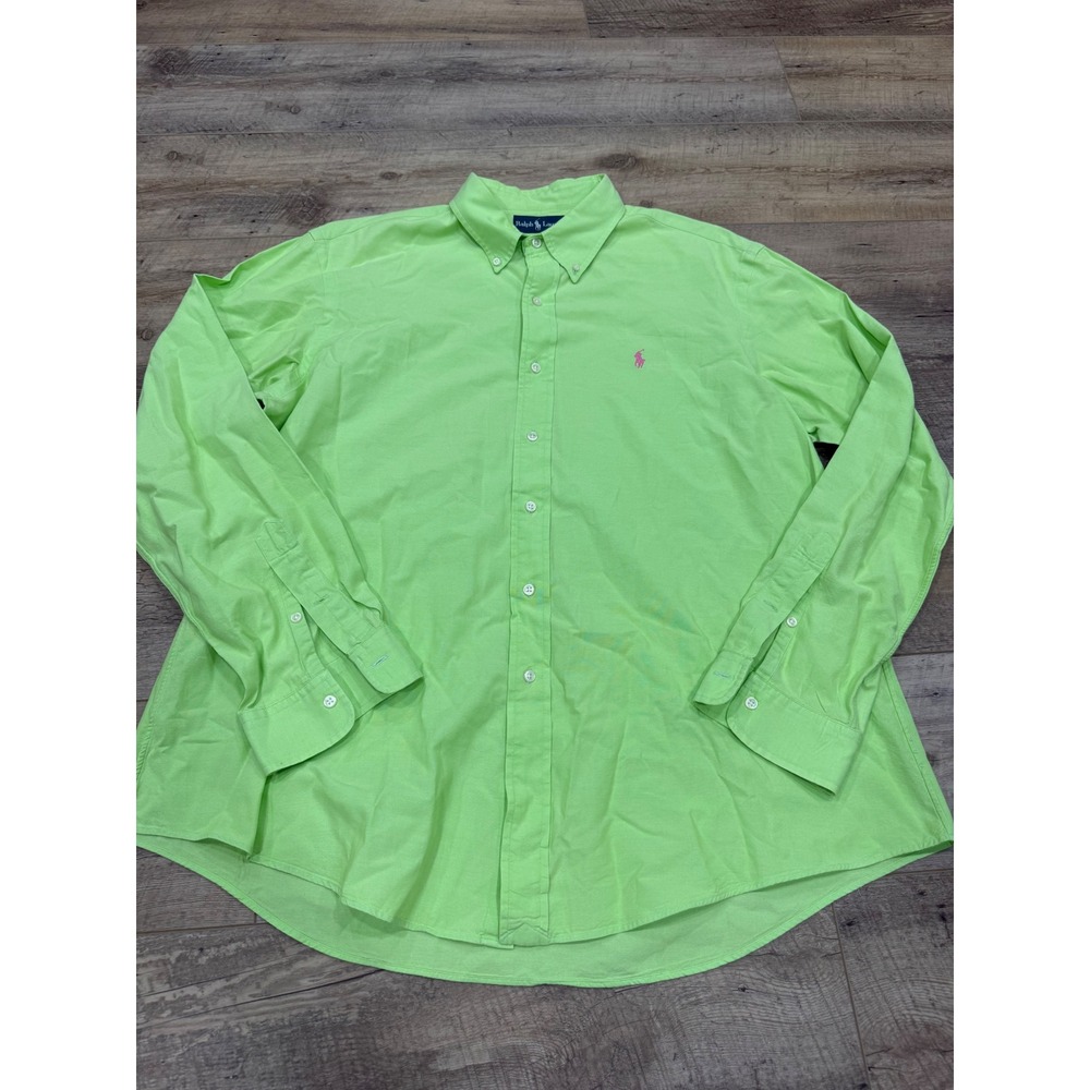 Ralph Lauren Mens XXL Custom Fit Button Down Shirt Lime Green Pink Pony Logo